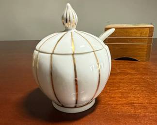 Irice Product Hand Painted White and Gold Striped Sugar Bowl with Lid and Spoon