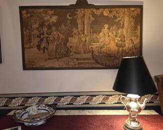 Wood Framed Tapestry circa 1880 Silver Teapot Lamp with Black Shade (reproduction)