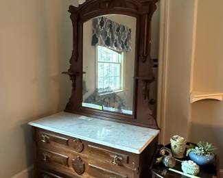 Victorian Walnut Bureau with Marble Top and Mirror