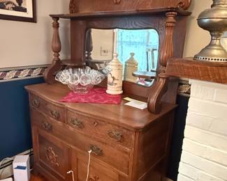 Antique Tiger Oak Sideboard with Hutch and Mirror