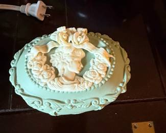 Cameo Style Hinged Trinket Box Mint Green with Woman and Roses