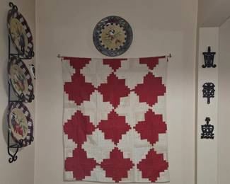 Handmade Red and White Practice Quilt 33”H x28”W hanging on dowel circa 1920