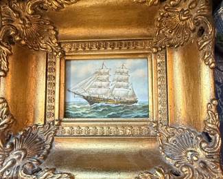 Set of Three Miniature Paintings Seascape, Landscape, and Farm Animal in Ornate Gilt Frames third image