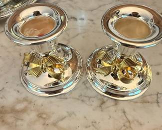 SilverTone Candlestick Holders with GoldTone Bows Set of
