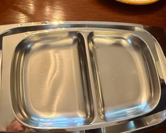 Vintage Stainless Steel Divided Serving Tray with Wood Handles