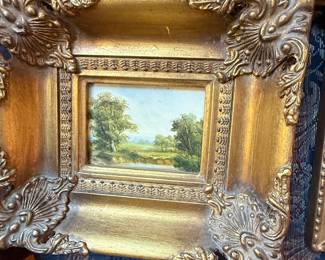 Set of Three Miniature Paintings Seascape, Landscape, and Farm Animal in Ornate Gilt Frames second image
