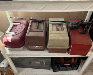 Vintage Wooden Tackle Box with Assorted Fishing Reels and Lures