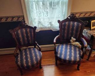 Victorian Parlor set – Walnut, turned legs, carved crest with medallion in center, scrolled ears, Circa 1860. Love seat, side chair, armchair, ladies chair (and two additional chairs with a different fabric).