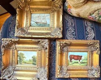 Set of Three Miniature Paintings Seascape, Landscape, and Farm Animal in Ornate Gilt Frames