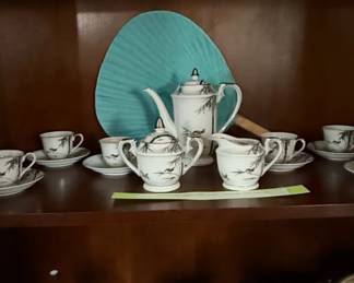 Vintage Japanese Kutani Tea Set with Bamboo and Birds