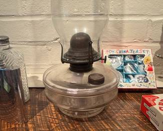 Antique Clear Glass Oil Lamp with Eagle Burner and Chimney second image