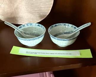 Pair of Chinese Ling Long Rice Grain Porcelain Bowls with Spoons