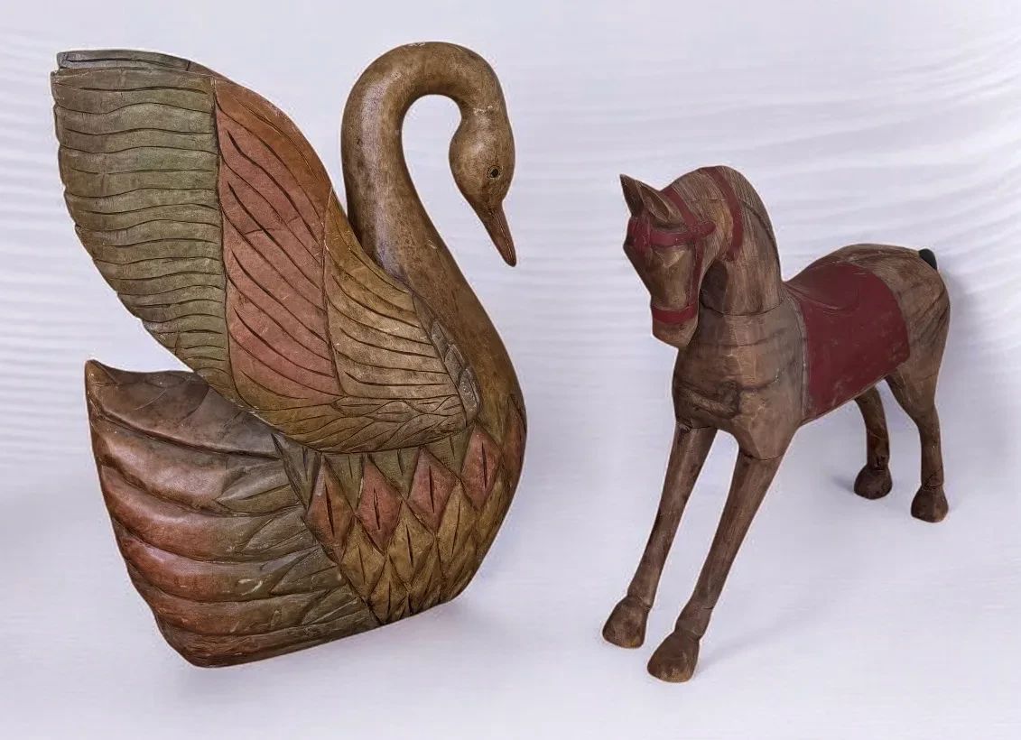 001 Vintage Folk Art HandCarved Wooden Lot Swan Primitive Horse