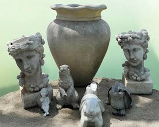 Garden Statuary Planter Lot With Weathered Urn, Seashell Lady Busts And Bunnies