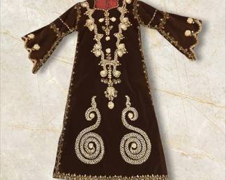 Stunning Vintage Dark Brown Velvet Embroidered BellSleeve Maxi Gown