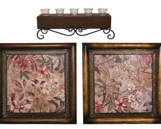 Pair of Large Vibrant Tropical Floral Metal Wall Art Panels Ornate Copper Candle Holder