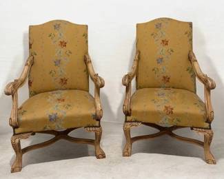 Large French Country Louis XIV Style Upholstered Armchairs