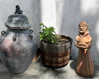 Rustic Garden Art Trio Jack Daniels, St. Francis Clay Jar