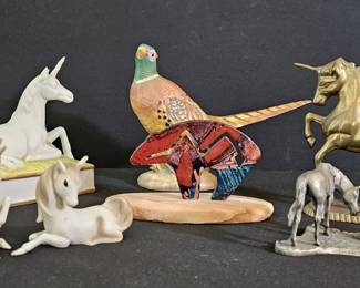 Animal Figurine Lot 1962 Napco Pheasant, Pewter Horse, Brass Ceramic Unicorns