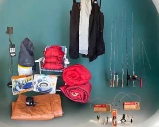 Huge Outdoor Camping Gear Lot Sleeping Bags, Metal Detector, Fishing Rods, Winter Apparel More