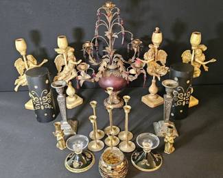 Vintage Eclectic Candlestick Lot Brass, Fine Glass, and Ornate Candelabras