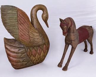 001 Vintage Folk Art HandCarved Wooden Lot Swan Primitive Horse