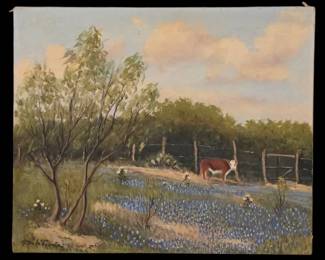 004 Original F. De La Fuente, Texas Hill Country Oil Painting Bluebonnets