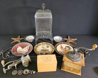 Vintage Rustic Kitchen Lot Cast Iron Stars, Coffee Food Grinders, Apple Bakers Recipe Box