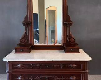 003 Antique Eastlake Victorian Carved Walnut Dresser with White Marble Top