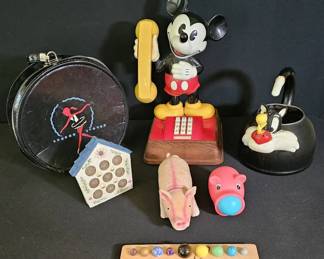 Vintage Cartoon Collectibles Lot Mickey Mouse Phone, Sylvester Kettle, Solar System More