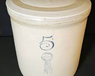 Vintage Buckeye Pottery Blue Ribbon 5 Gallon Stoneware Crock