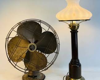 Vintage White Glass Lamp and Vintage Fan