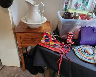 Wash bowl and pitcher, accent table
