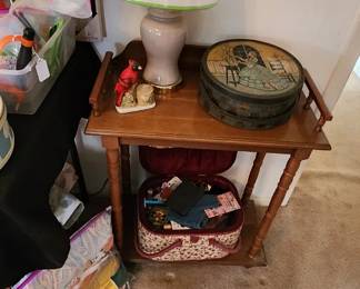 accent table, sewing basket, buttons
