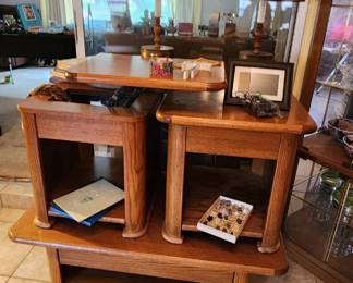 80s oak lift top coffee table and lift top end tables  