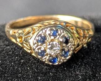 Womens Gold Filigree Cluster Diamond With Sapphires Ring, Sz 7, Tested Using Presidium Gem Tester And Gemoro 