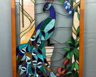 Stained Glass Peacock Panel In Wooden Frame, Approx 40.25" x 20.25" 