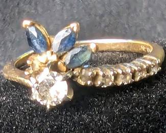  Womens 14K Gold Marquise-Cut Blue Sapphires Around Diamond Center Stone, Sz 6.5, Tested Using Presidium Gem Tester And Gemoro 