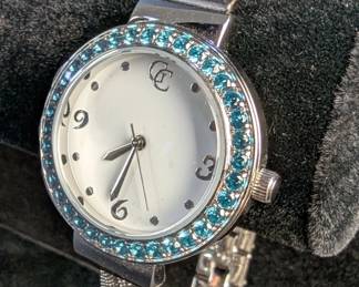 Gold Coast Womens Blue Crystal Accented Bezel Watch With Mesh Textured Band