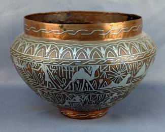 Copper Cache Pot With Egyptian Style Inlaid Pattern, 8" Tall 