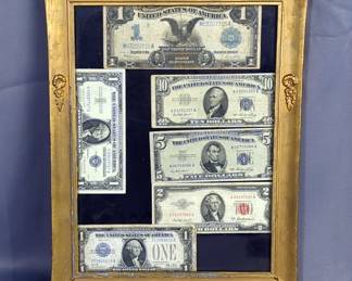 Framed US Silver Certificates, Includes Black Eagle Note, $2 Red Seal, $10 Blue Seal, $5 Blue Seal, And $1 Blue Seal