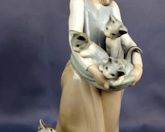 Lladro Following Her Cats Porcelain Figure, 9.5" Tall, Marked "58 M-27 J"