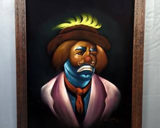 Hectors "Sad Clown Portrait" On Black Velvet Signed Framed Painting