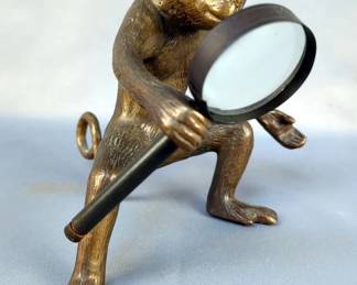 Brass Monkey Statue Holding Magnifying Glass, 7.5" Tall 