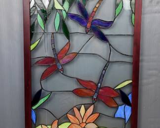 Stained Glass Dragonfly And Water Lily Framed Panel, Approx 40.5" x 20.5" 