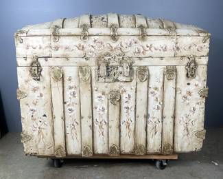 Steamer Trunk With Floral Accents And Hand Fan Attached to Lid