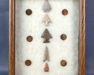 Indian Head Cents, Qty 6 And Arrowheads, Framed 