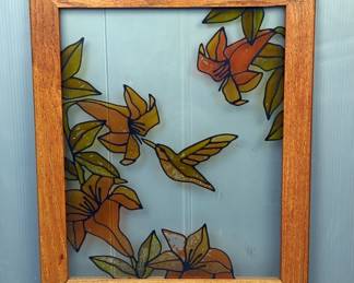 Hummingbird And Floral Glass Panel, Approx 23" x 19" 