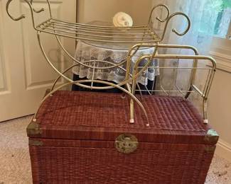 Wicker Trunk, Brass Bench, Round Table Rack