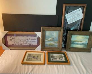 Two Original Beach Paintings, Framed Matted Prints, Frame w Custom Matting